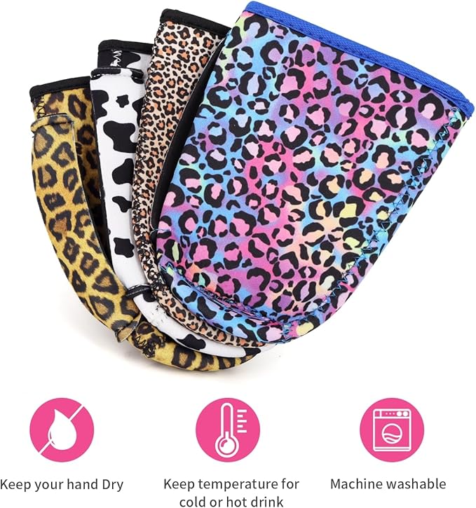 4Pack Reusable Iced Coffee Sleeve Insulator Sleeves for Cold Drinks Beverages, Neoprene Cup Holder for Most Coffee, Fits 30-32oz Large Cups (Animal Pattern With Handle)