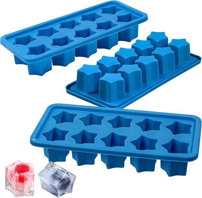 Webake Silicone Ice Cube Trays Star Shaped Ice Cube Molds for Whiskey and Cocktails, Easy Release Jelly Crayon Mold Pack of 3 Blue