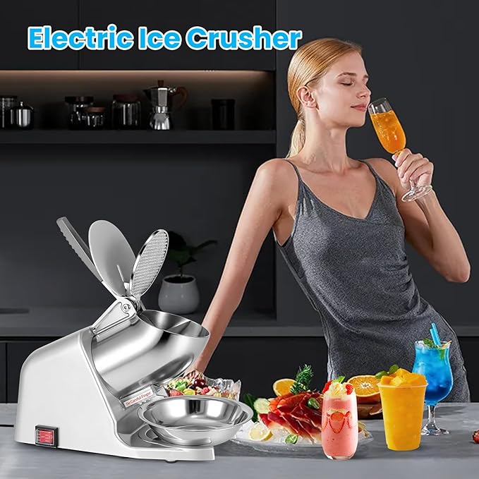 300W Dual Blade Ice Crusher, 178 lbs/hr Ice Shaver, Shaved Ice Machine with Stainless Steel Blades and Ice Pick for Home and Commercial Use, ETL-Listed, Silver