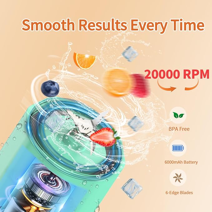 Portable Blender, 360 Watt Personal Blenders with Pulse Mode, Shakes and Smoothies, 6000mAh, BPA Free 24 Oz Blender Cup with 6 Blades and Lid, USB-C, Self Cleaning Portable Juicer For Travel, Green