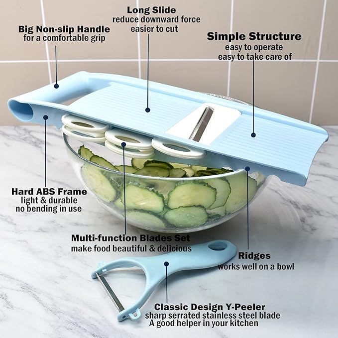 NACOLUS 5 in 1 Mandoline Slicer for Kitchen, Vegetable Slicer Multi Blade Potato Chip, Veggie shredder, Vegetable Cutter, Julienne Shredder and peeler For Small Job In Kitchen Blue