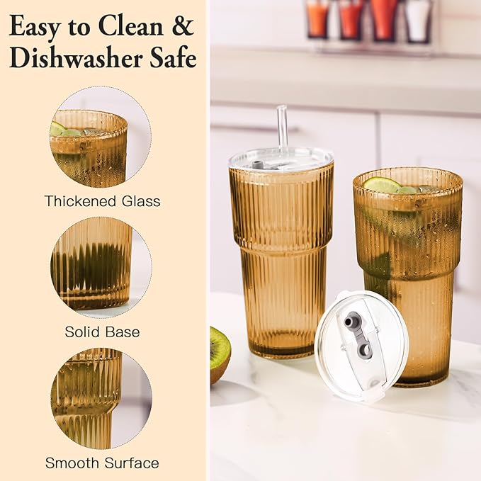 4PCS Amber Ribbed Glass Cups with Lids and Straws, 20oz Vintage Drinking Glasses, Aesthetic Iced Coffee Cups, Glass Tumbler for Boba, Beer, Tea, Cocktails, Ribbed Glassware Set,Amber Brown Glass Cup