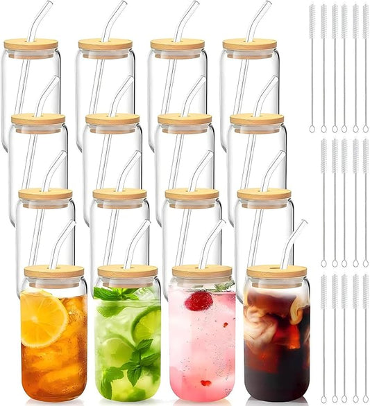 Glass Cups with Lids and Straws Set of 16 – 16oz Iced Coffee Tumblers for Holiday Parties, Family Gatherings, and Everyday Hosting – Gift-Ready Drinkware for Christmas, New Year, or Home Entertaining