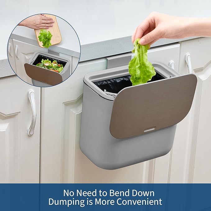 1.8 Gallon/7L Hanging Trash Can with Stainless Steel Lid, Mountable Under Sink Compost Bin for Kitchen Cabinet Door, Food Waste Bin for RV, Bathroom, Office - Grey