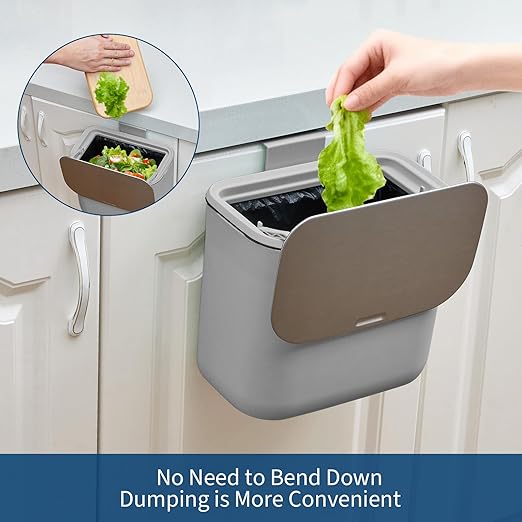 1.8 Gallon/7L Hanging Trash Can with Stainless Steel Lid, Mountable Compost Bin for Kitchen Cabinet Door, Under Sink Food Waste Container for RV, Bathroom, Office