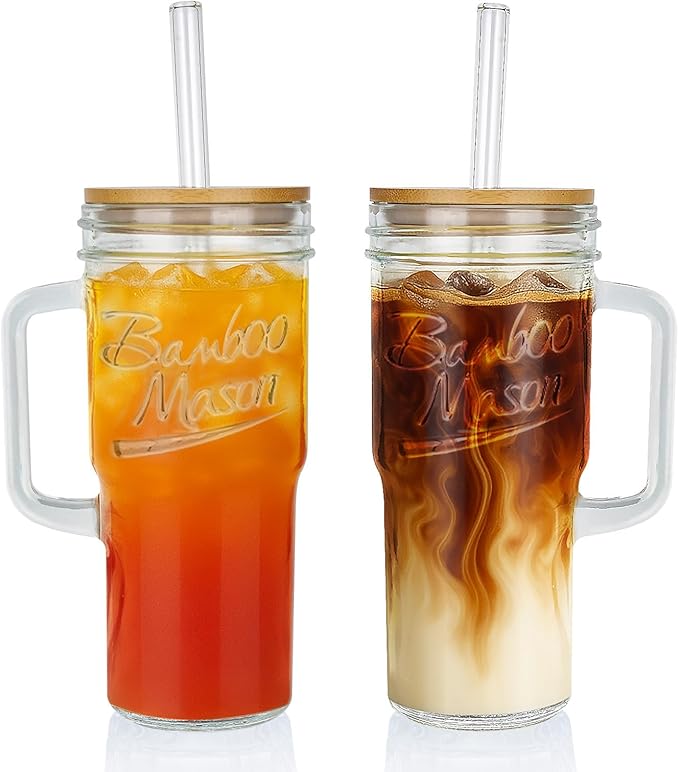 ANOTION Glass Cups with Lids and Straws - 24oz Tumbler with Handle Coffee Cups Glass Straws Glasses Mason Jar Cups Drinking Set Kitchen Essentials Coffee Bar Accessories House Warming Gifts New Home