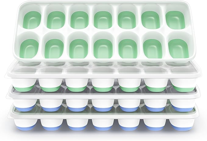 ChefAide Ice Cube Tray with Lid, 4 Packs 56 Cubes Durable Stackable Ice Cube Trays for Freezer with Removable Lids, Easy-Release Plastic & Silicone Ice Tray for Cocktail, Coffee