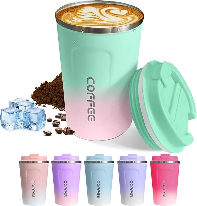 SPLMIFA Travel Coffee Mug Leak-Proof, Reusable Coffee Cups with Lids, Stainless Steel Vacuum Insulated Coffee Tumblers, Thermal Insulation Cup for Men and Women Hot & Cold Drinks(2nd-Green Pink, 17OZ)