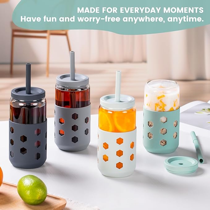 Mrsdry Glass Cups with Lids and Straws 4 Pcs, 16oz Glass Tumbler with Silicone Straw and Sleeve for Coffee Bar Accessory, Drinking Glasses Set Reusable Iced Coffee Cup - Smoothie Cup for Gifts