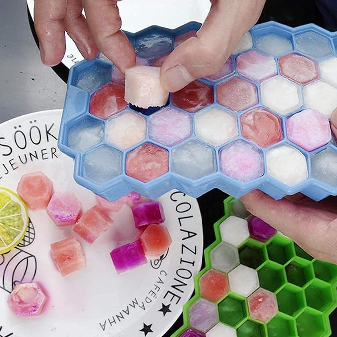 2 Pack Honeycomb Ice Cube Trays for Freezer Microwave(Blue and Green), Silicone Ice Cube Tray with Lid, 37 Hexagonal Silicone Molds, Reusable Ice Cube Mold for Whiskey, Cocktails, Homemade Cold Drinks