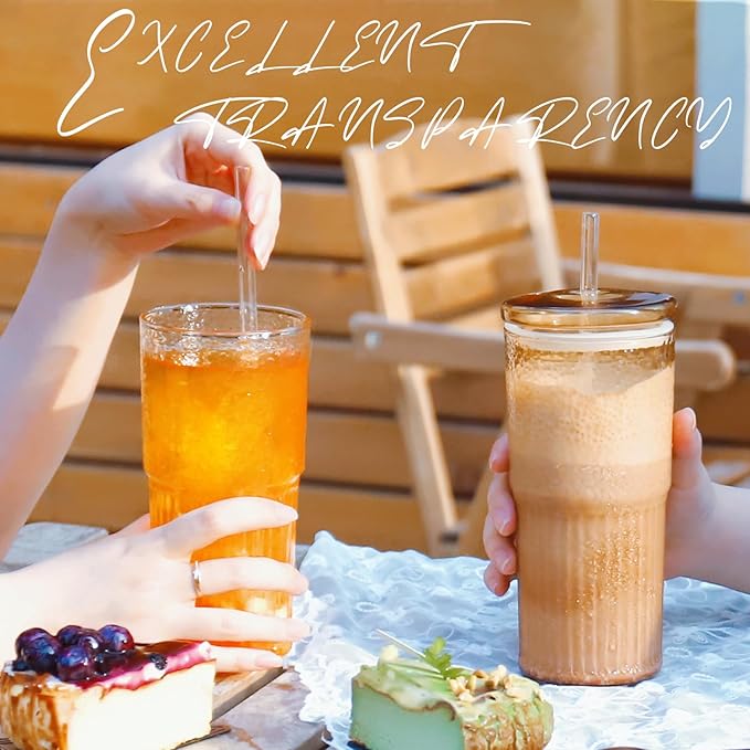 Puraville 20oz Glass Cups with Lids and Straws, 2 Pack High Borosilicate Iced Coffee Cups Drinking Glasses Tumbler for Smoothie, Water, Tea, Juice Drinks, Clear