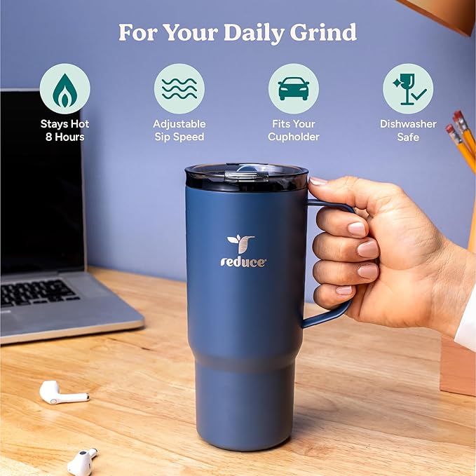 REDUCE 24 oz Hot1 Vacuum Insulated Mug for Hot Tea, Coffee and Other Hot Drinks - With Flo-Motion Lid and Handle, Single-Serve and Cupholder Friendly, Keeps Drinks Hot for up to 8 Hrs, Pink Salt