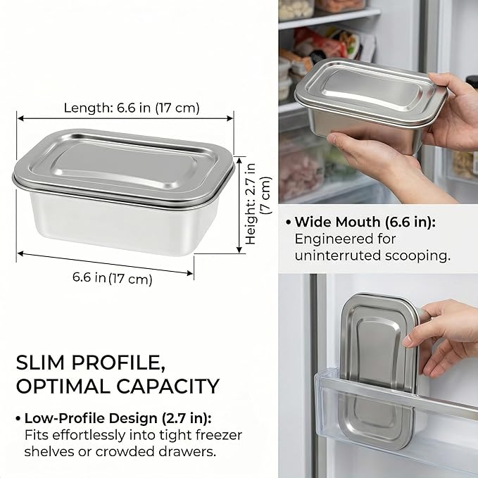 Hemoton Reusable Ice Cream Storage Containers with Lids Stainless Steel Food Keeper Freezer Box Insulated Ice Cream Tub for Refrigerator Home Made Ice Cream, 0.76 Quart Airtight Box for Frozen Yogurt