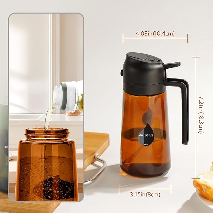 2 in 1 Oil Sprayer for Cooking, Olive Oil Dispenser Bottle for Kitchen Spray and Pour, 16oz/470ml Light-Blocking Dark Amber Glass Brown Bottle, Food-Grade Oil Mister for Air Fryer Green Cap