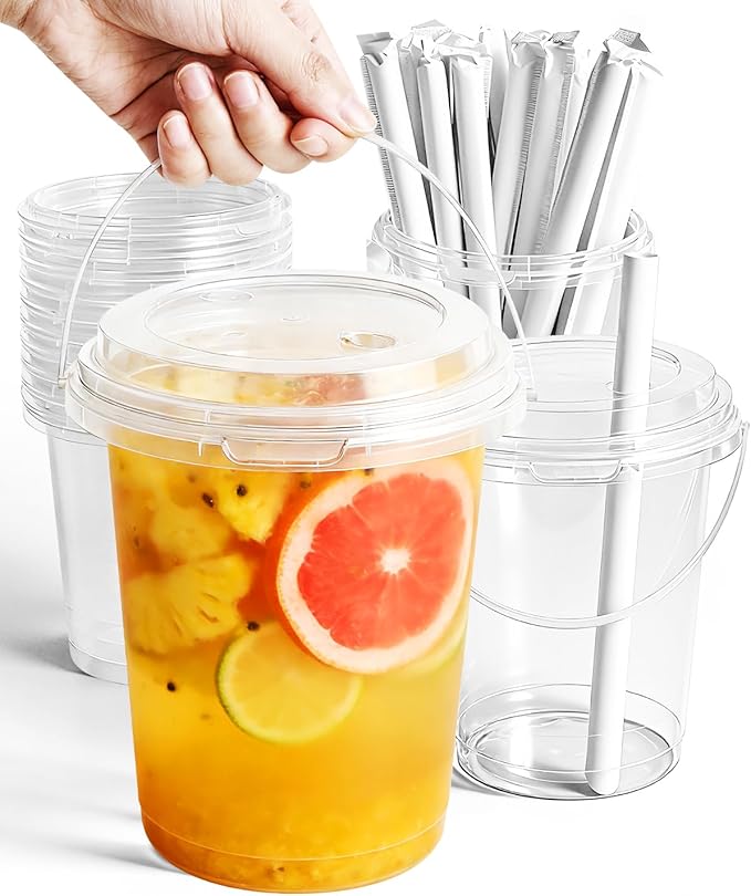 CHONNFEASTT®36PCS Plastic Drink Buckets with Lids and Straws: 1L/34oz Clear Disposable To Go Iced Coffee Cups Rounded Bottom with Handle for Cocktails, Lemonade, Beach & Pool Party Drink Supplies