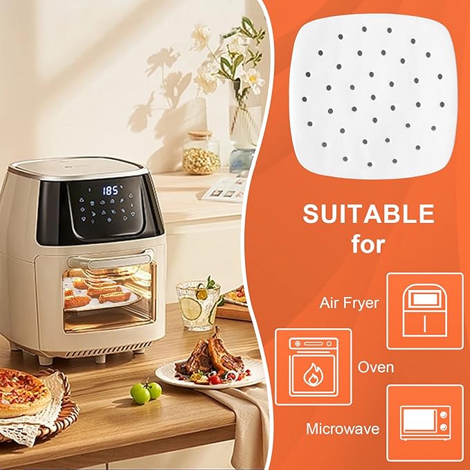 Numola 100 Pcs Air Fryer Liners Disposable Parchment Paper, 8 Inch Perforated Airfryer Sheets for Baking, Square Non-Stick Steamer Liner for Oven, Microwave, Steaming Basket