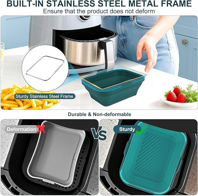 Silicone Air Fryer Liners Collapsible, 8.2 Inch Reusable Air Fryer Liners With lid-Long-lasting Freshness - Easy to Clean Air Fryers Pot for 5.8 to 8 Qt Baking Tray Oven Accessories, Green