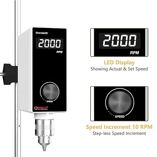 4E's USA Lab Overhead Stirrer - 50 Liter, 100000 mPas, 50~2000 RPM Variable Speed with Stand and Stirring Rod, LED Lab Stirrer Mixer with Safety Sensors and Go-Through Design for Easy Rod Adjustment