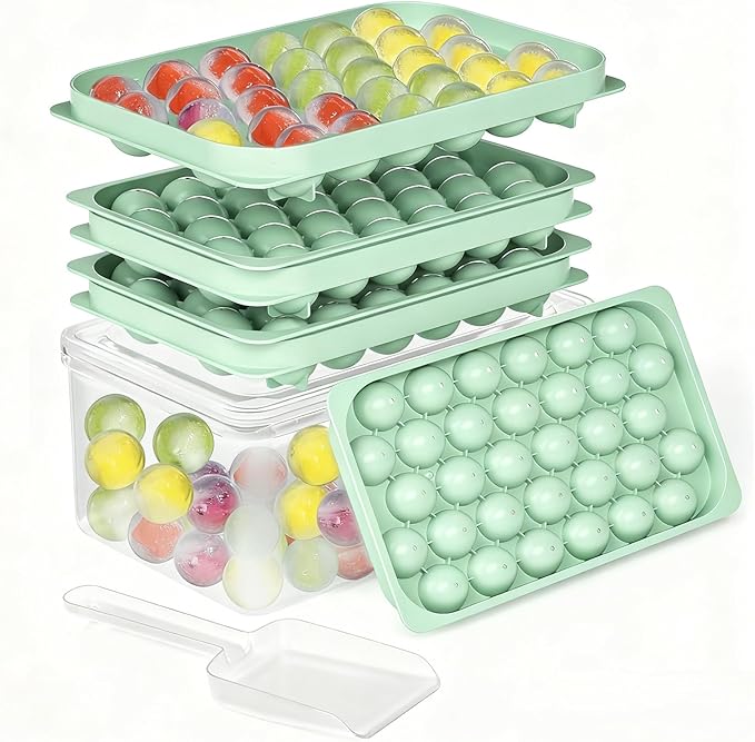 Mini Ice CubeTray with Lid & Storage Bin - 64 Pcs 0.75 Inch Small Sphere Ice Cube Mold Maker, BPA-Free Easy Release Silicone Base, Stackable Ice Trays for Freezer for Cocktails, Coffee