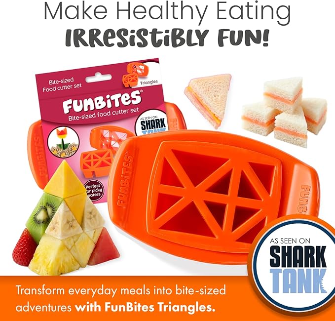 FUNBITES Crustless Sandwich Cutter for Kids Lunch (2-piece set), Uncrustable Sandwich Cutter, Bite-Size Food Cutter for Toddlers, Bento Box Accessories, BPA-FREE Dishwasher Safe, Orange Triangles 1pk