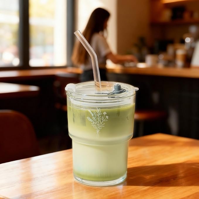 Olvini 13oz Glass Tumbler with Straw and Lid, Reusable Iced Coffee Cup Tumbler, Cute Glass Cups for Water, Matcha, Travel Coffee Mugs (Wildflower- 13oz)