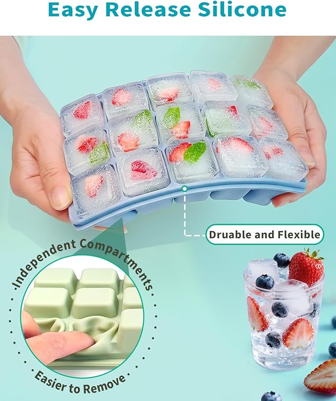 Upgraded Silicone Ice Cube Trays For Freezer with Lid, Spill-Proof Easy Release Silicone Ice Trays with Lids for Freezer, Coffee, Drinks, Cocktail, Baby Food, Juice, BPA Free, 3Pack
