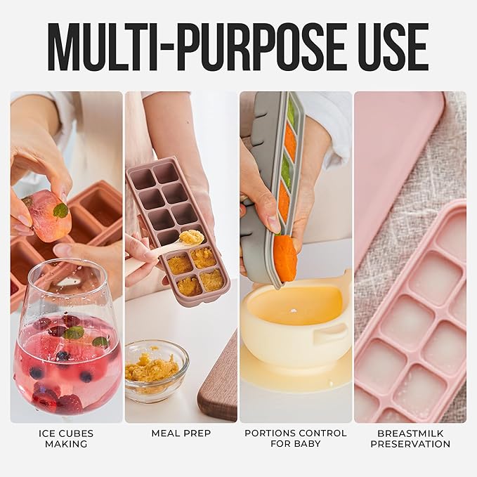 0.7 oz/12 Sections Silicone Ice Cube Freezer Tray with Lid, 100% Food-Grade Platinum Silicone,Leak Resistance & Dishwasher Safe for Baby Food Prep,Breast Milk,Purees - Korean Made, Indie Pink