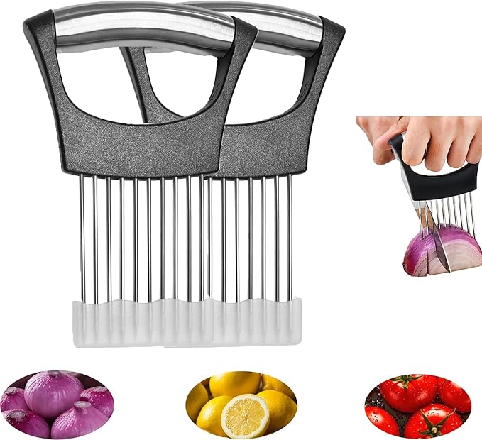 Onion slicer, lemon slicer, stainless steel onion cutter for slicing potatoes, onions, tomatoes, eggs, fruits, vegetables and meat, with protective cover (2)