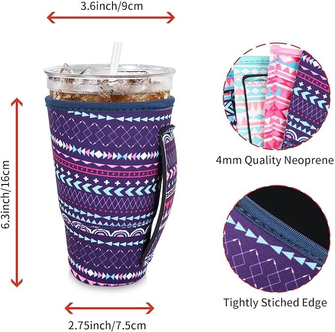 4Pack Reusable Iced Coffee Sleeve Insulator Sleeves for Cold Drinks Beverages, Neoprene Cup Holder for Most Coffee, Fits 30-32oz Large Cups (Geometric)