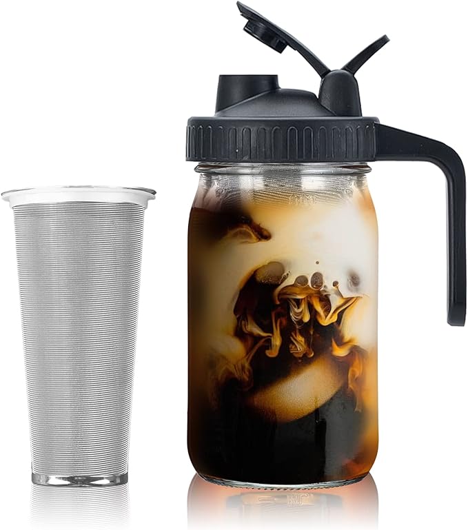 Jrssae Cold Brew Coffee Maker - 32oz Cold Brew Pitcher with Stainless Steel Super Dense Filter Easy of Use, Durable & Sturdy Classic BPA Free Sturdy Mason jar Pitcher with Black Lid Easy to Clean