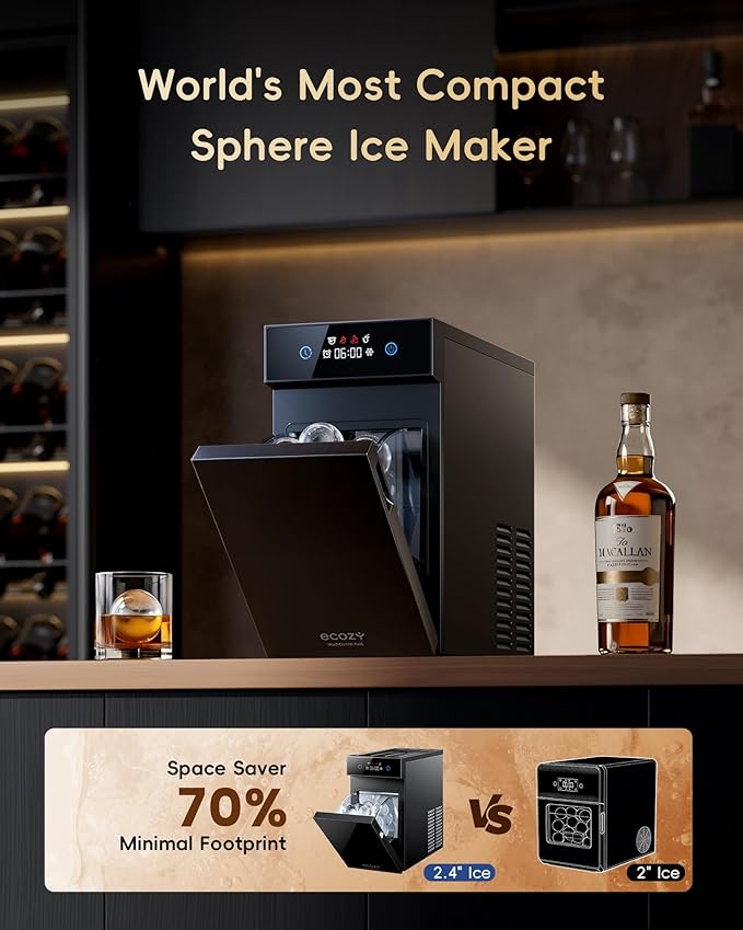 ecozy 2.4" Clear Ice Ball Maker Countertop with CrystalFlux Technology, Minimal Footprint Sphere Ice Maker with 8H Timer, 1 pcs in 40 Mins, 32 pcs/Day, Self-Cleaning for Home Bar Whiskey & Bourbon
