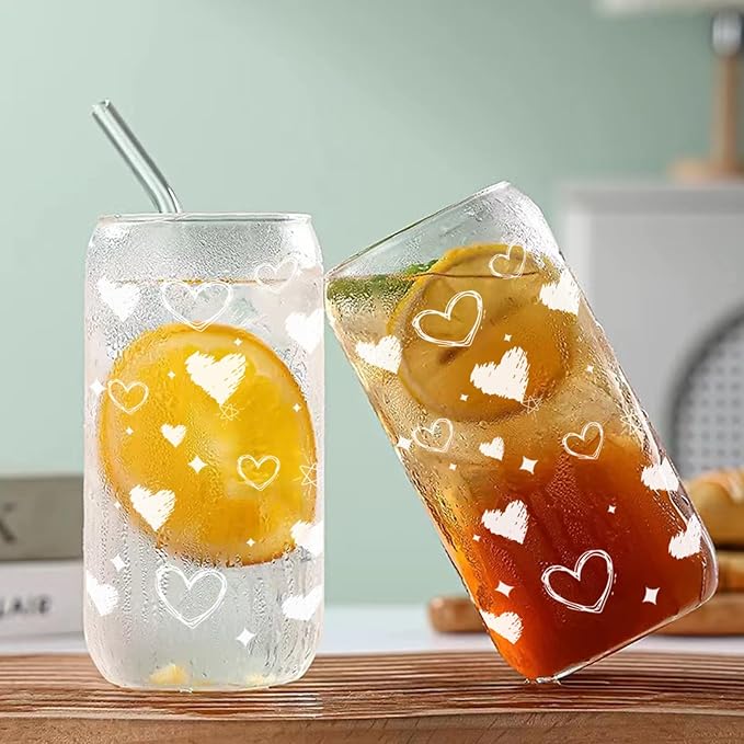 Glass Tumbler with Lid and Straw, 16 oz Heart Iced Coffee Cup with Bamboo Lid, Aesthetic Drinkware Gift for Girlfriend or Best Friend, Valentines Day, Galentines Day, Birthday