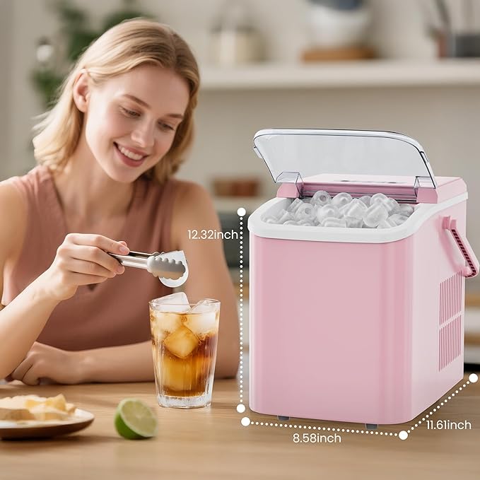 DUMOS Countertop Ice Maker with Handle, 26lbs/24H Portable Ice Machine, 9 Bullet Ice Cubes Ready in 6 Mins, Self-Cleaning, Quiet Compact Ice Maker for Home, Kitchen, RV, Camping, Pink