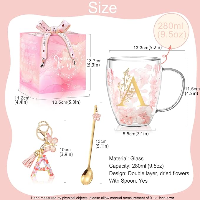 Personalized Gifts for Women Cute Monogrammed Double Wall Glass Coffee Mug Tea Cup with Spoon Customized Birthday Valentine Mother's Day Christmas Gift for Mom Wife Friends Sister Coworker(Letter A)