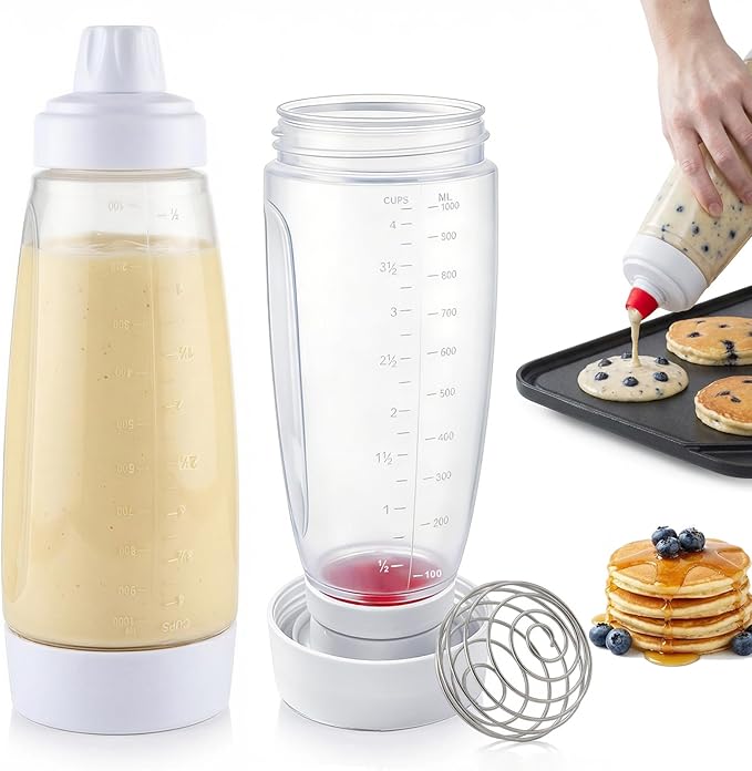 2 Pack Pancake Batter Dispenser & Mixer Bottle with Wire Whisk Ball - Squeeze Dispenser for Batter, Waffles, Cupcakes, Crepes - Heat Resistant Silicone Tip, BPA Free Baking Tool for Blackstone Griddle