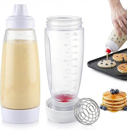 2 Pack Pancake Batter Dispenser & Mixer Bottle with Wire Whisk Ball - Squeeze Dispenser for Batter, Waffles, Cupcakes, Crepes - Heat Resistant Silicone Tip, BPA Free Baking Tool for Blackstone Griddle