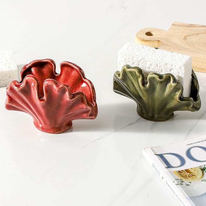 Uiddo Ceramic Sponge Holder,Sponge Holder for Kitchen Sink,Compact Sink Caddy Organizer, Dish Sponge Holders,Farmhouse Kitchens Decor Cute Gadgets Accessories,Christmas Kitchen Decor(Red)
