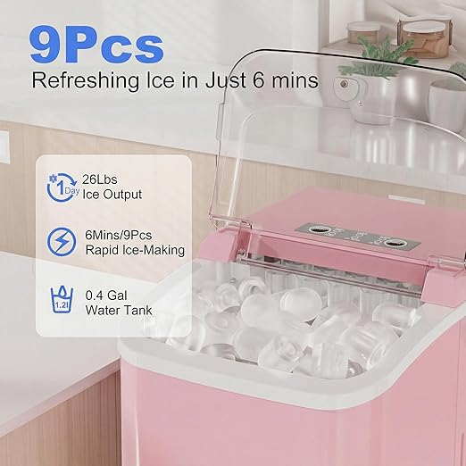 NEWBULIG Ice Makers Countertop with Handle, Portable Ice Machine, 9 Bullet Ice Cubes in 6 Mins, 26lbs in 24Hrs, Auto-Cleaning, with Basket and Scoop, for Home, Kitchen, RV, Camping,Pink