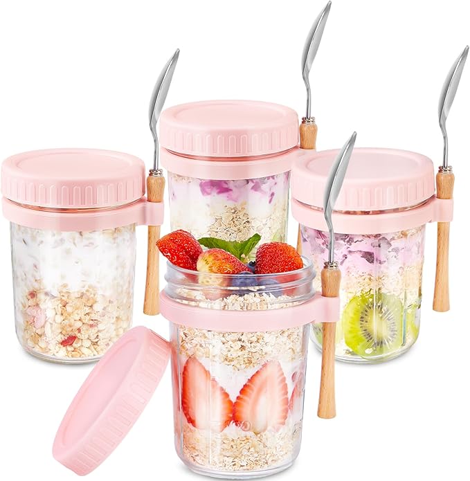 HomArtist Glass Overnight Oats Containers with Lids and Spoon, 16oz Wide Mouth Mason Jars for Overnight Oats, Cereal, Yogurt, Salad Lunch Container with Measurement Marks - Pink 4 Pack