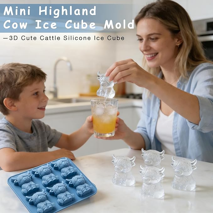 Mini Highland Cow Ice Cube Mold，Cute 3D Highland Cow Silicone Ice Cube Tray，Reusable Dessert Mold, Cow Shaped Ice Cube Trays For Whiskey，Drinks, Parties, Bar, Birthday & Gift