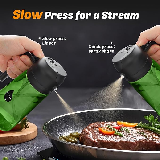 2 in 1 Oil Sprayer for Cooking, Olive Oil Dispenser Bottle for Kitchen Spray and Pour, 16oz/470ml Light-Blocking Dark Green Glass Bottle, Food-Grade Oil Mister for Air Fryer Green Cap