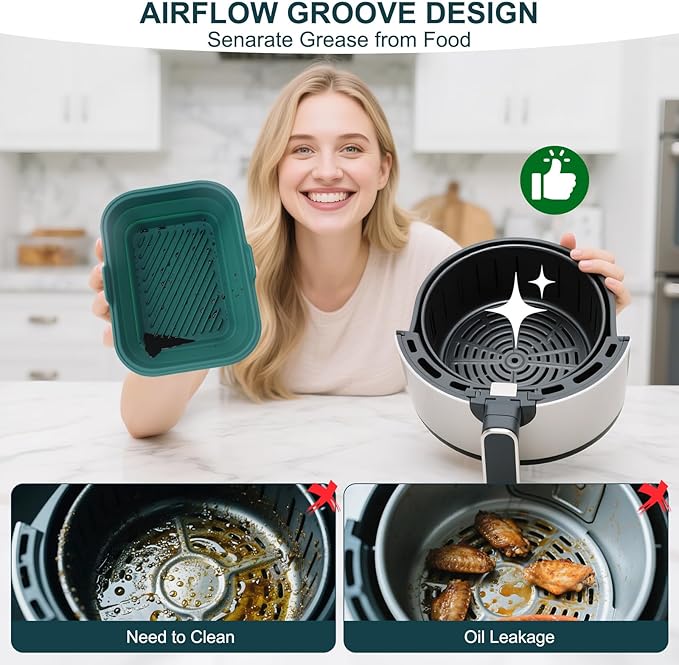 Silicone Air Fryer Liners Collapsible, 8.2 Inch Reusable Air Fryer Liners With lid-Long-lasting Freshness - Easy to Clean Air Fryers Pot for 5.8 to 8 Qt Baking Tray Oven Accessories, Green