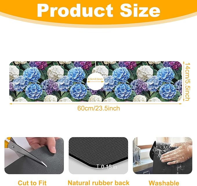 2 Pack Vintage Hydrangea Sink Faucet Absorbing Mat Colorful Hydrangeas Super Absorbent Fast Drying Mat Sink Gadgets Behind Faucet Sinkmat for Kitchen Bathroom, 23.5"x5.5"