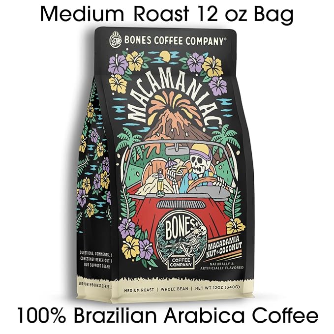 Bones Coffee Company Macamaniac, Macadamia and Coconut Flavored Coffee, Medium Roast Low Acid Arabica Beans Compatible with Auto drip and French Press Coffee Maker, 12 Oz Ground