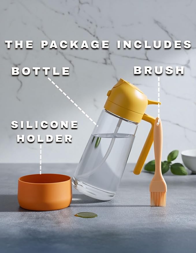 Oil Dipenser Bottle with Silicone Bottom And Silicone Brush, 2 in 1 Olive Oil Sprayer and Dispenser, Oil Spray Bottle 470ML/ 17OZ for Cooking, Kitchen, BBQ, Air Fryer, Salad, Baking