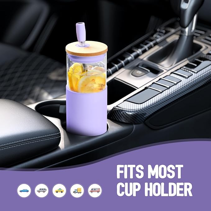 Kodrine 24oz Glass Tumbler with Lids and Straws|Bamboo & On the go Lid|Reusable Ice Coffee Cup with Silicone Sleeve, Glass Coffee Tumbler for Smoothie/Matcha, Dishwasher & BPA Free-Purple