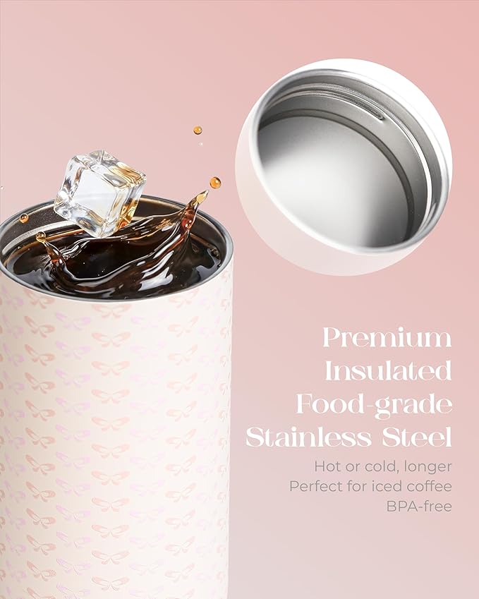 15 oz Stainless Steel Coffee Tumbler with Twist-Open Lid, Insulated Travel Mug for Iced Coffee Cold Brew and Warm Beverages, Leakproof, BPA-Free, Cup Holder Friendly, Bow Charm, Coquette Pink