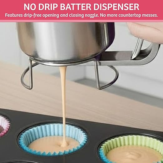 Pancake Batter Dispenser- Gourmet Stainless-Steel Pourer- Perfect for Baking Cupcakes, Waffles, Cakes, and Muffins- No Drip Dispenser by Chef Buddy