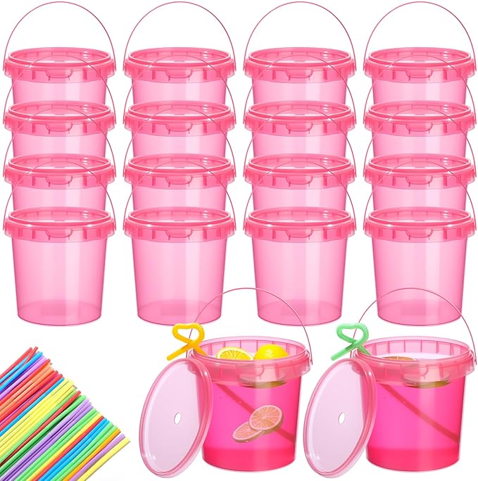 Funnymoom 16 Pack 32 oz Plastic Rum Buckets for Drinks with Straws Ice Cream Cocktail Bucket with Lids and Handles Reusable Food Containers Cup for Parties Summer Beach Bar Beer (Rose Pink)