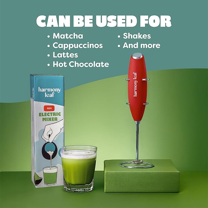 Harmony Leaf Handheld Milk Frother, Stainless Steel Electric Drink Mixer with Stand, Battery Operated Coffee Frother for Lattes, Matcha, Hot Chocolate and More, Red